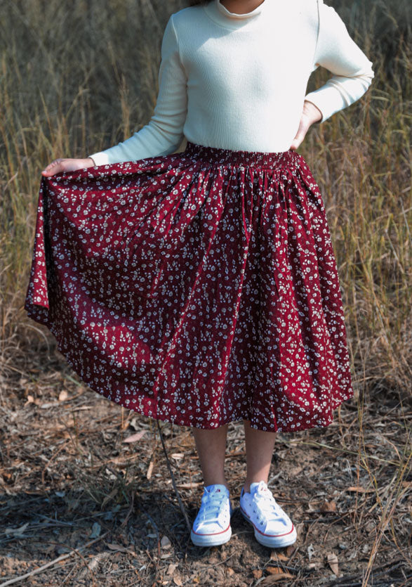 Daisy Burgundy Floral Skirt